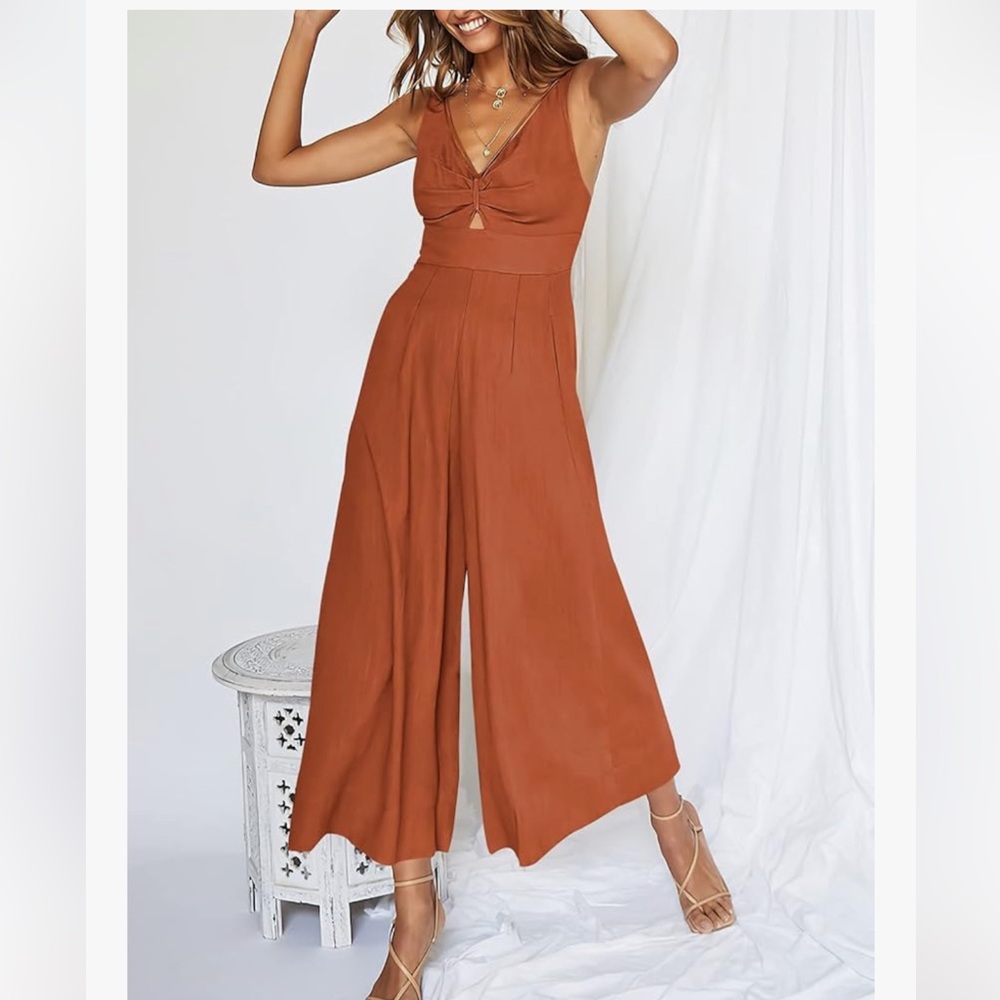 Anrabess Women's Brick Red Orange Jumpsuit Wide Leg Sleeveless Linen Romper - Picture 8 of 15